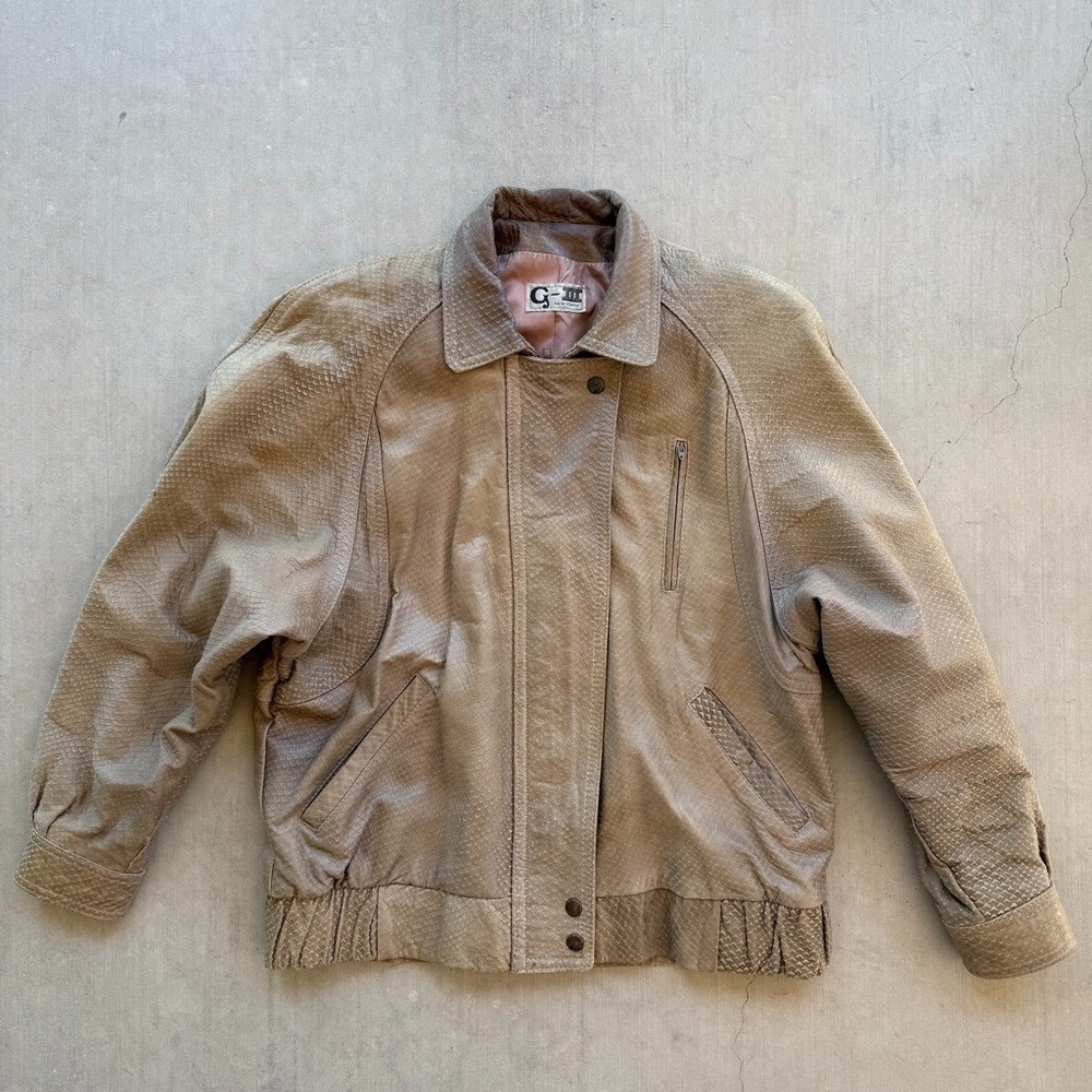 Vintage G-III Leather Bomber Jacket Mens M Tan Snake Embossed 90s